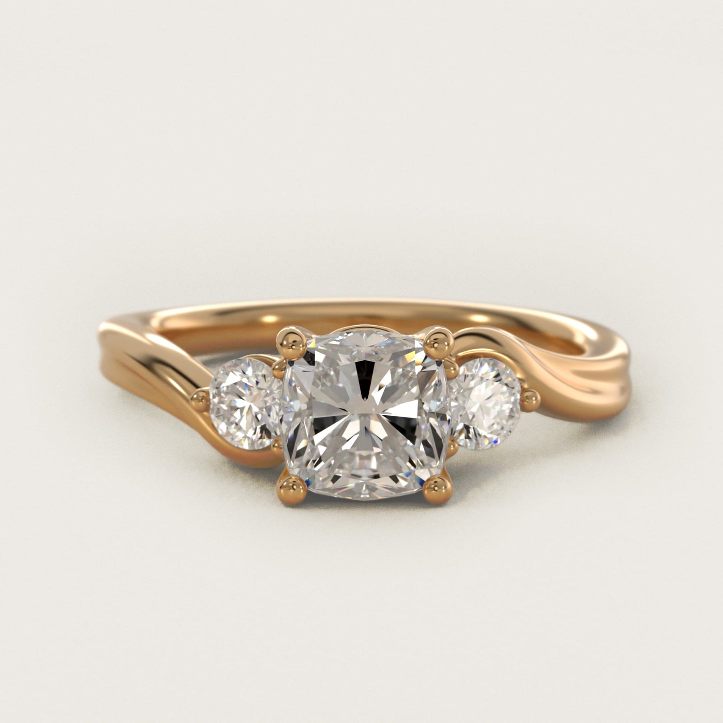 Wrapped Shank Three Stone Diamond Engagement Ring in 14k Yellow Gold - Cushion Center