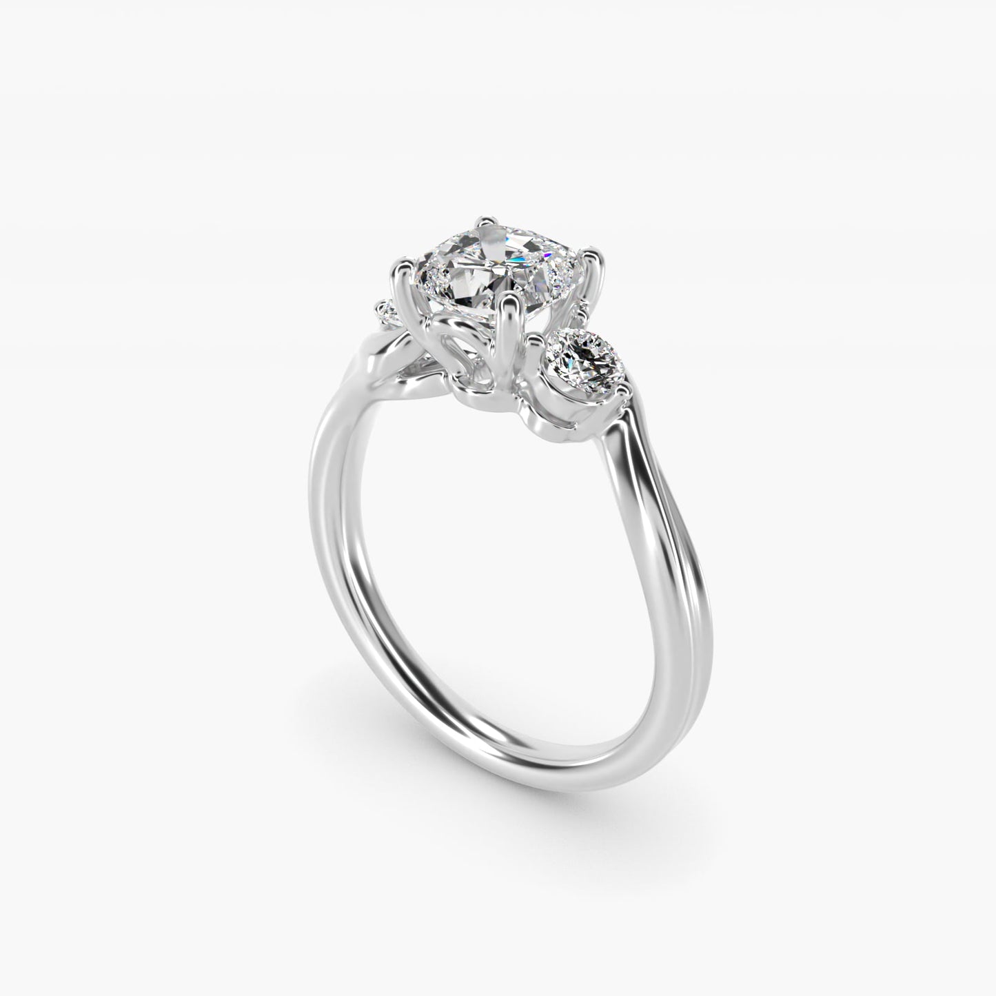 Wrapped Shank Three Stone Diamond Engagement Ring in Platinum - Cushion Center