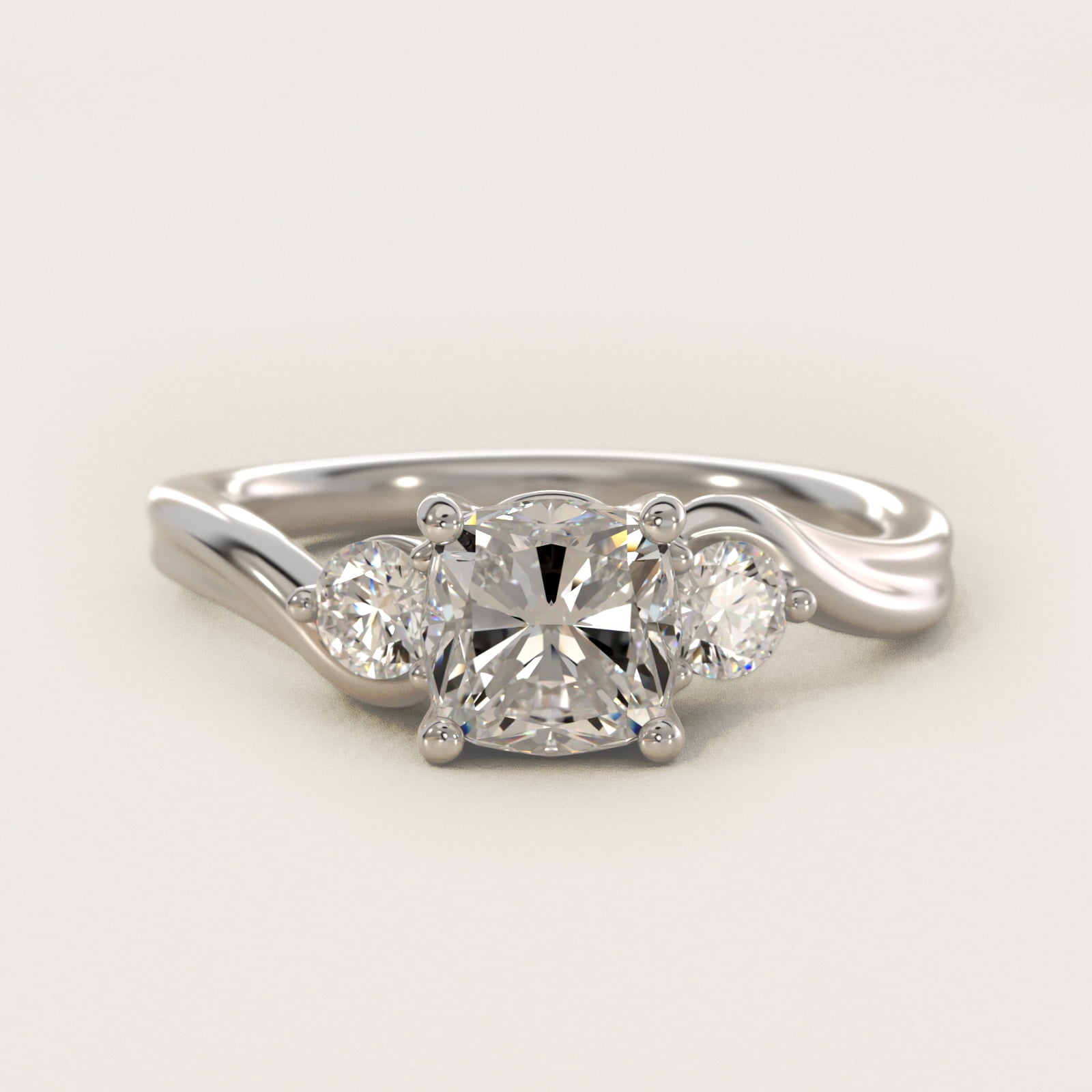 Wrapped Shank Three Stone Diamond Engagement Ring in Platinum - Cushion Center