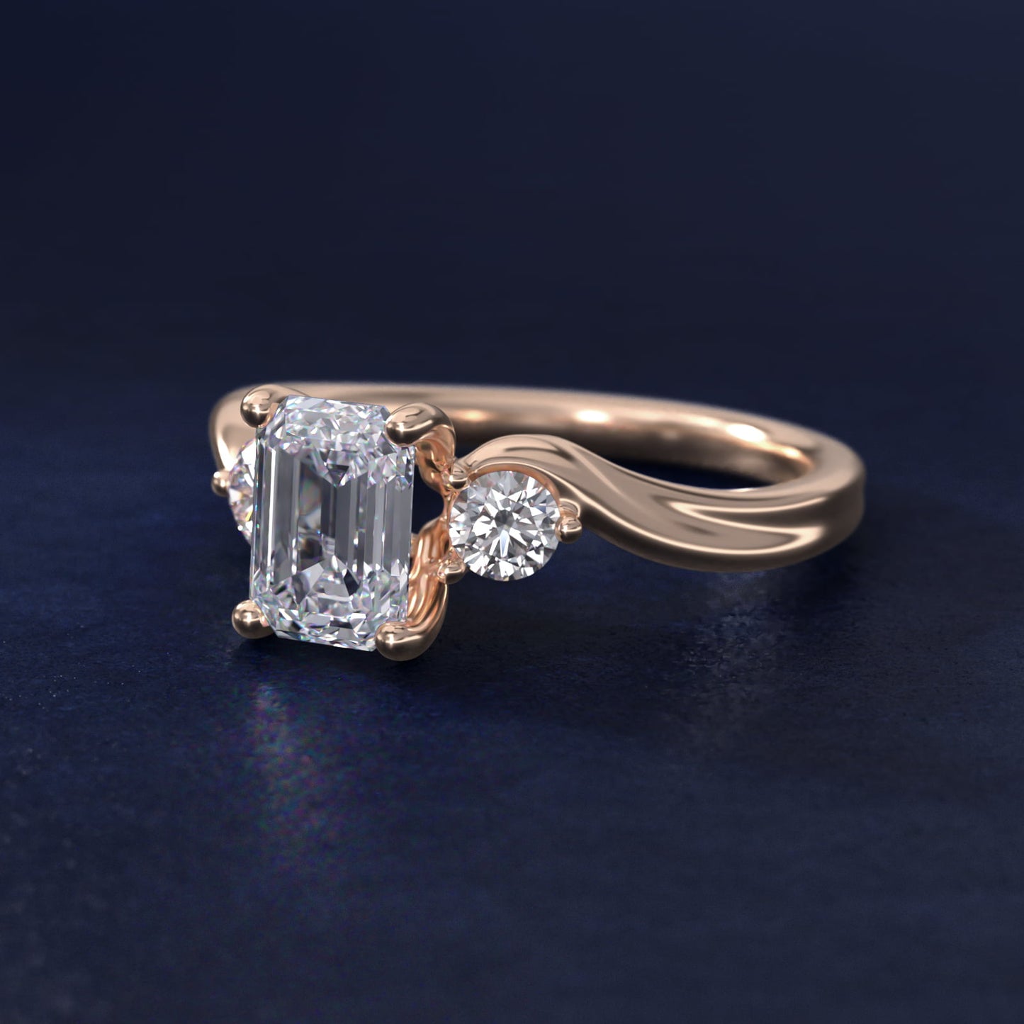 Wrapped Shank Three Stone Diamond Engagement Ring in 14k Rose Gold - Emerald Center