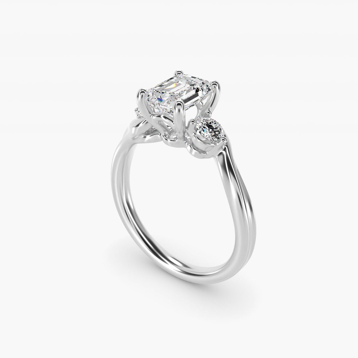 Wrapped Shank Three Stone Diamond Engagement Ring in 14k White Gold - Emerald Center