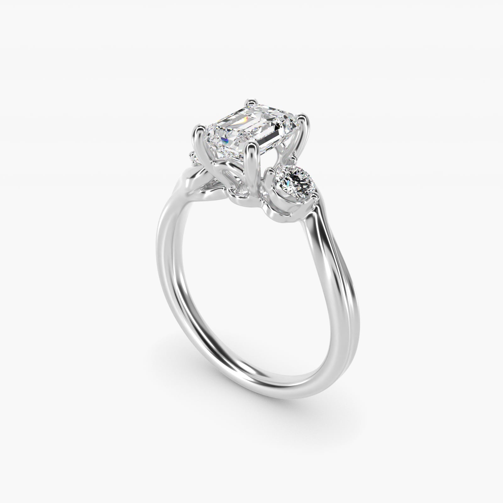 Wrapped Shank Three Stone Diamond Engagement Ring in 14k White Gold - Emerald Center