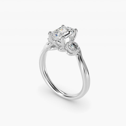 Wrapped Shank Three Stone Diamond Engagement Ring in 14k White Gold - Emerald Center