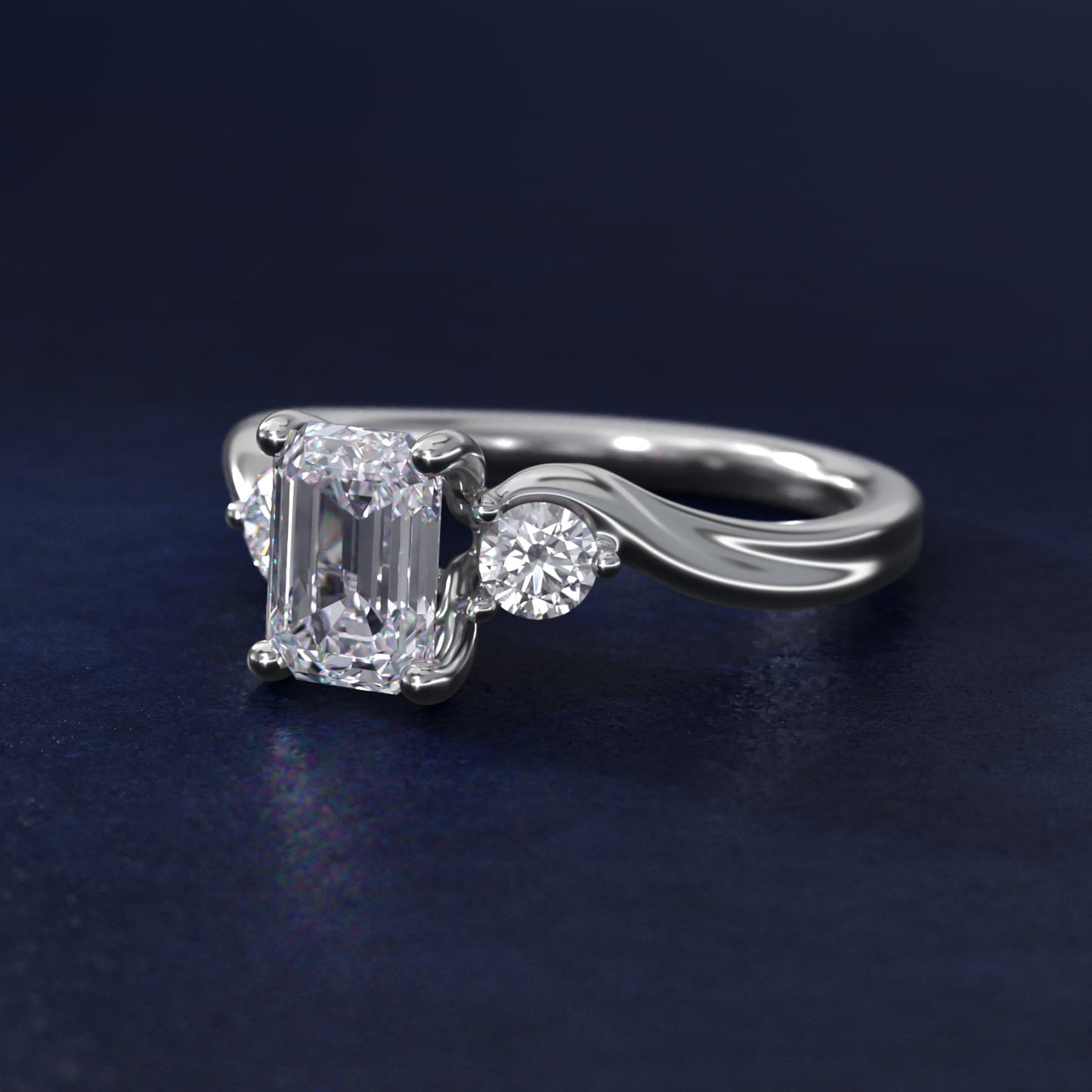 Wrapped Shank Three Stone Diamond Engagement Ring in 14k White Gold - Emerald Center