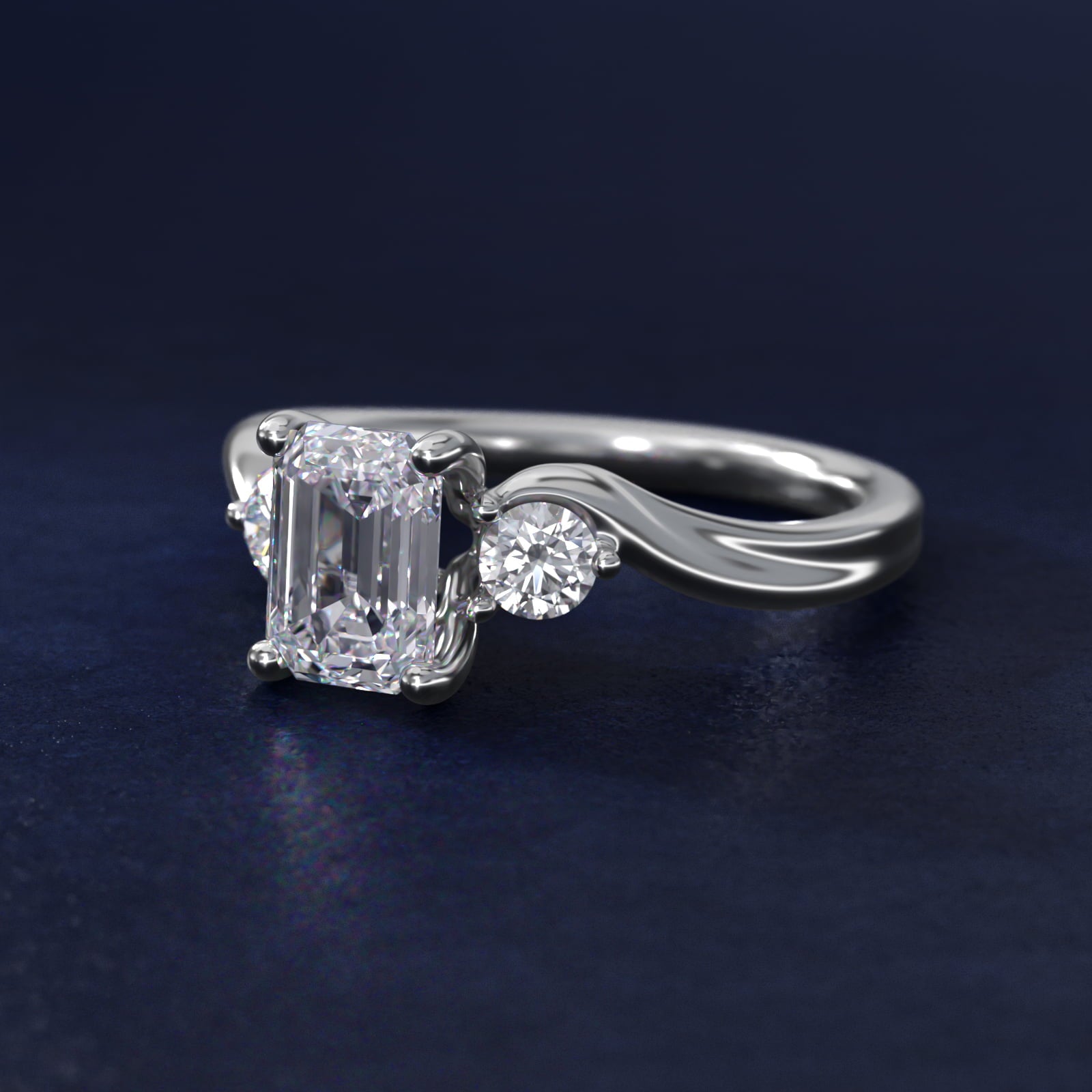 Wrapped Shank Three Stone Diamond Engagement Ring in 18k White Gold - Emerald Center