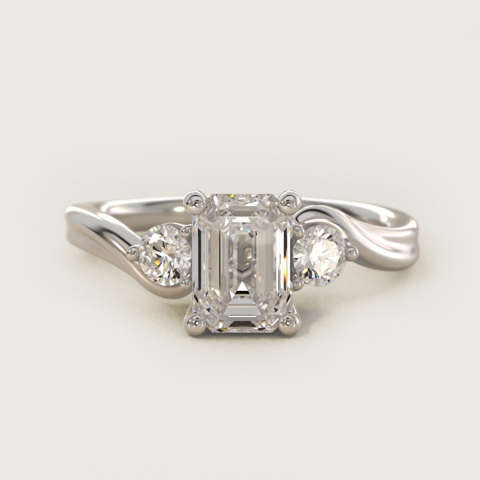 Wrapped Shank Three Stone Diamond Engagement Ring in 14k White Gold - Emerald Center