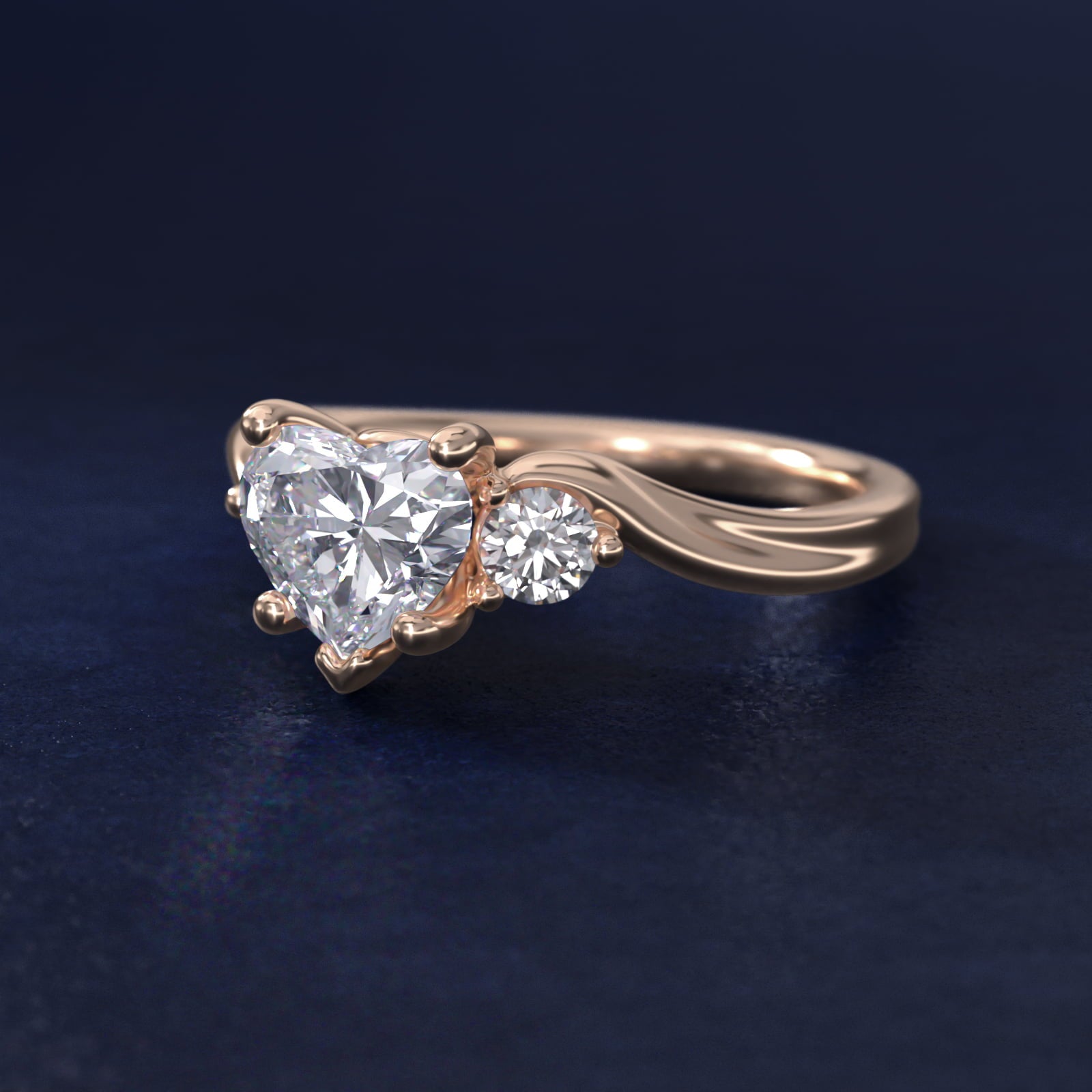 Wrapped Shank Three Stone Diamond Engagement Ring in 18k Rose Gold - Heart Center