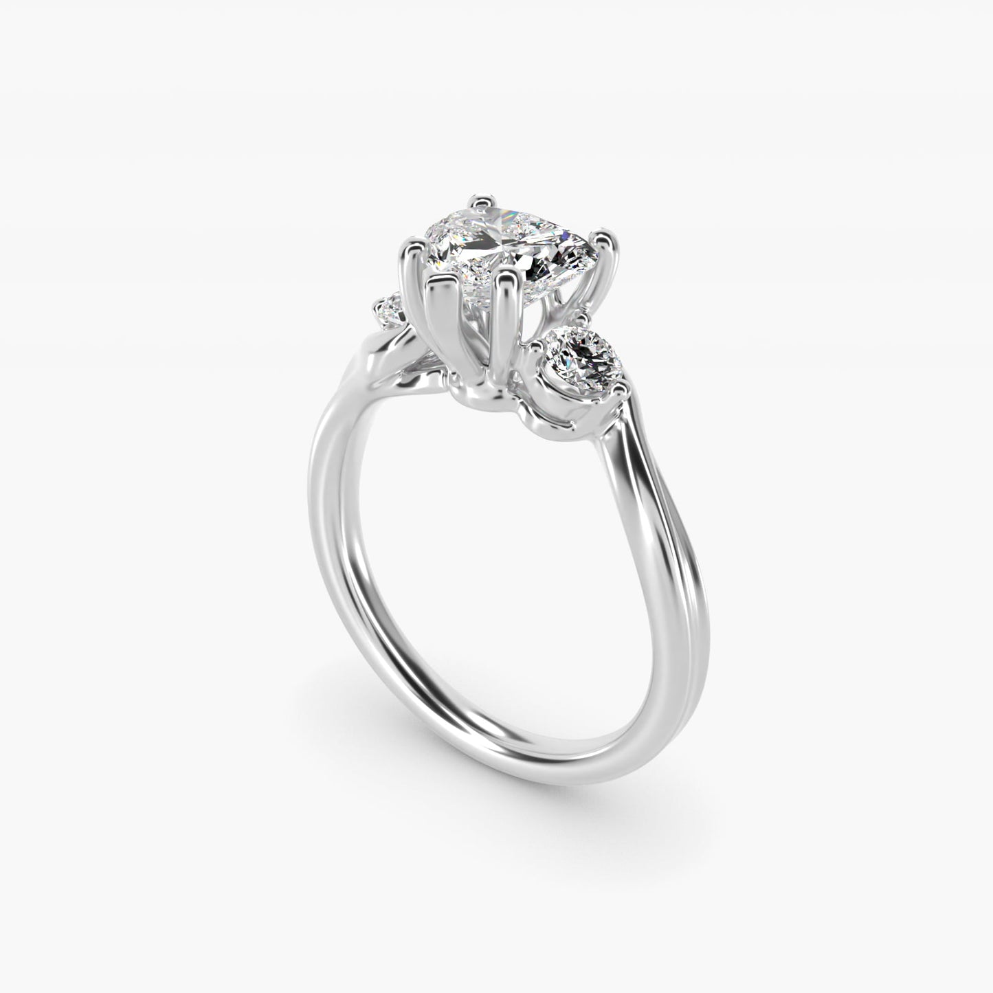 Wrapped Shank Three Stone Diamond Engagement Ring in 14k White Gold - Heart Center