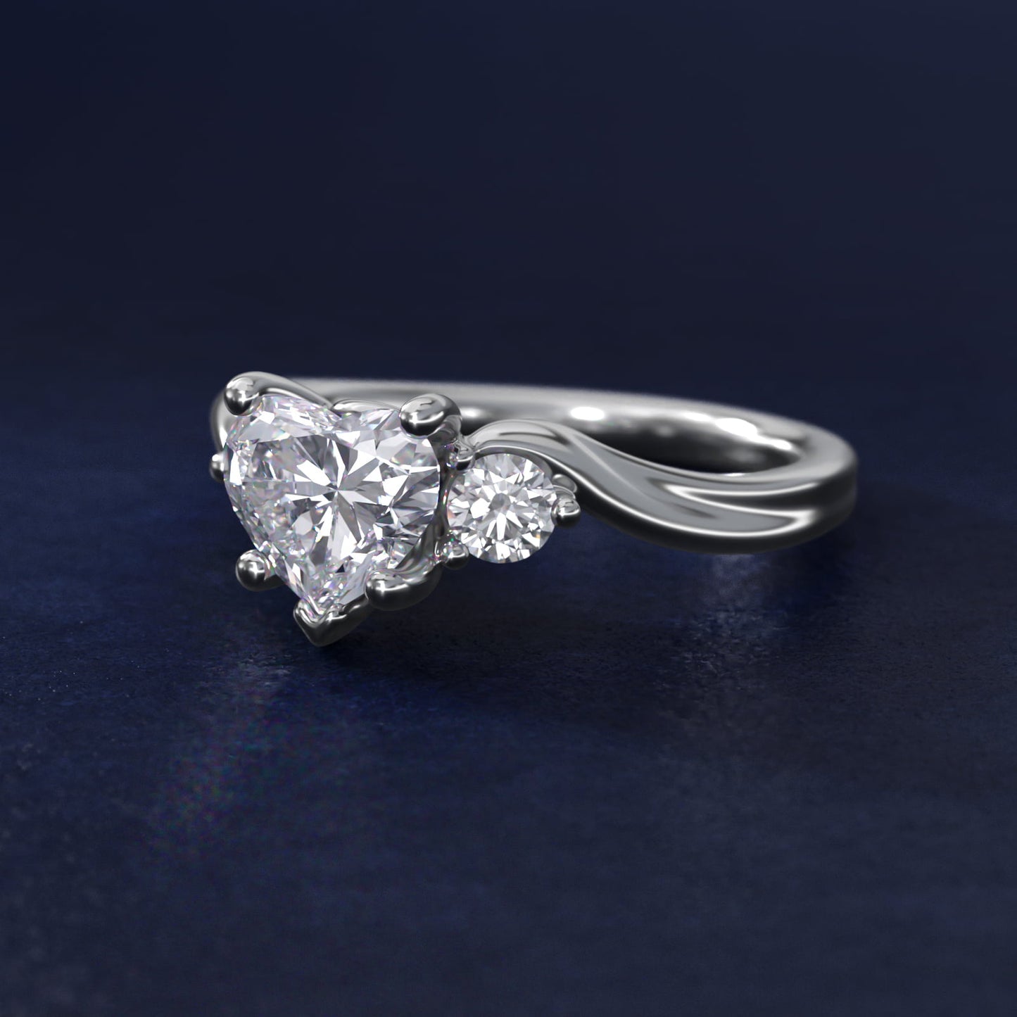Wrapped Shank Three Stone Diamond Engagement Ring in 14k White Gold - Heart Center