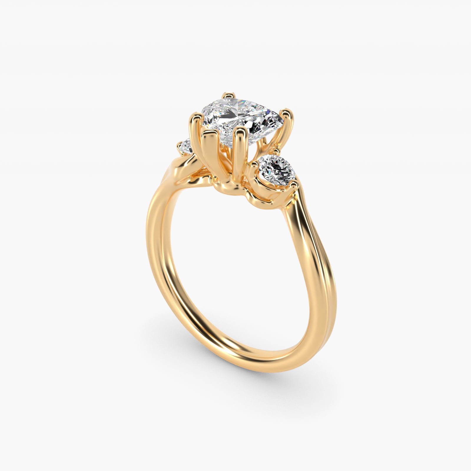 Wrapped Shank Three Stone Diamond Engagement Ring in 18k Yellow Gold - Heart Center