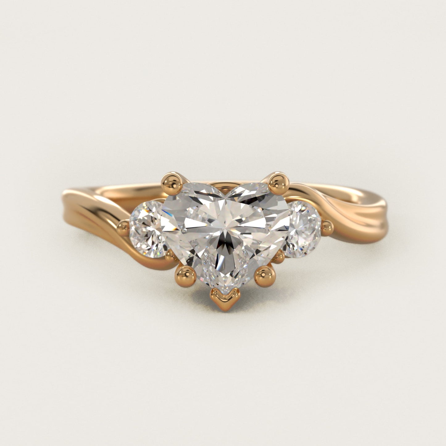 Wrapped Shank Three Stone Diamond Engagement Ring in 18k Yellow Gold - Heart Center