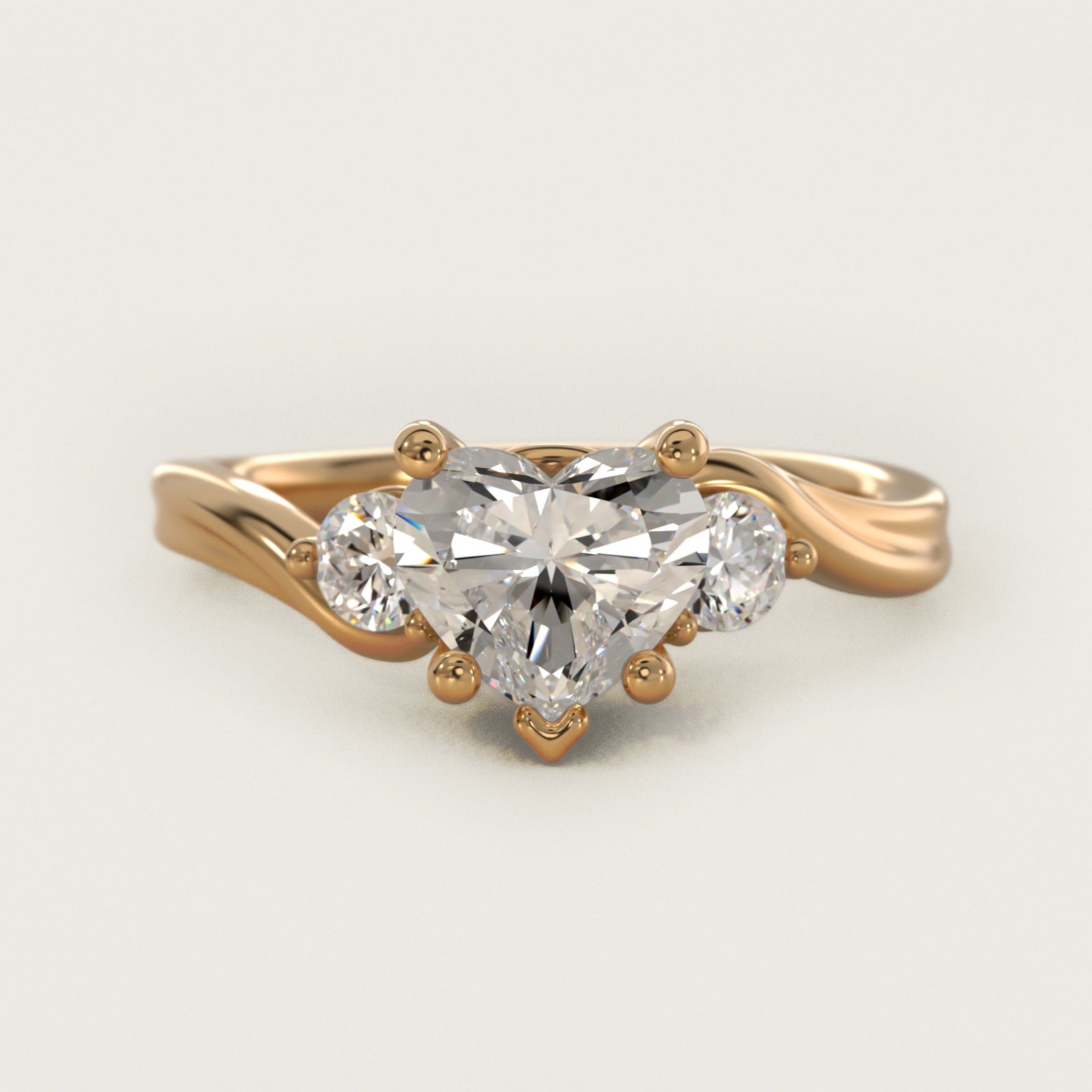 Wrapped Shank Three Stone Diamond Engagement Ring in 18k Yellow Gold - Heart Center
