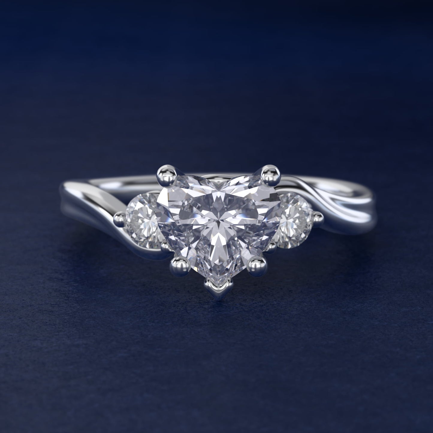 Wrapped Shank Three Stone Diamond Engagement Ring in Platinum - Heart Center