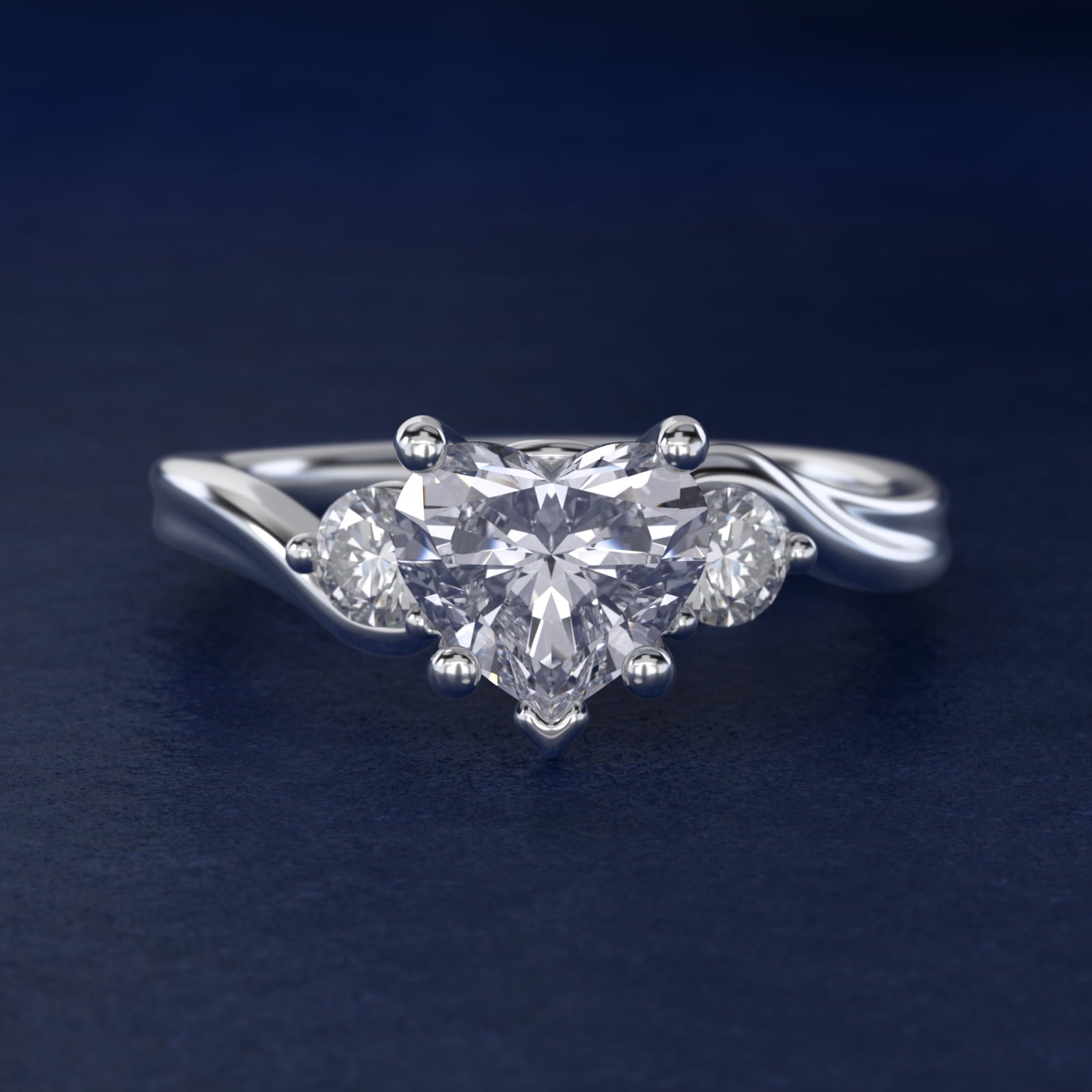 Wrapped Shank Three Stone Diamond Engagement Ring in Platinum - Heart Center