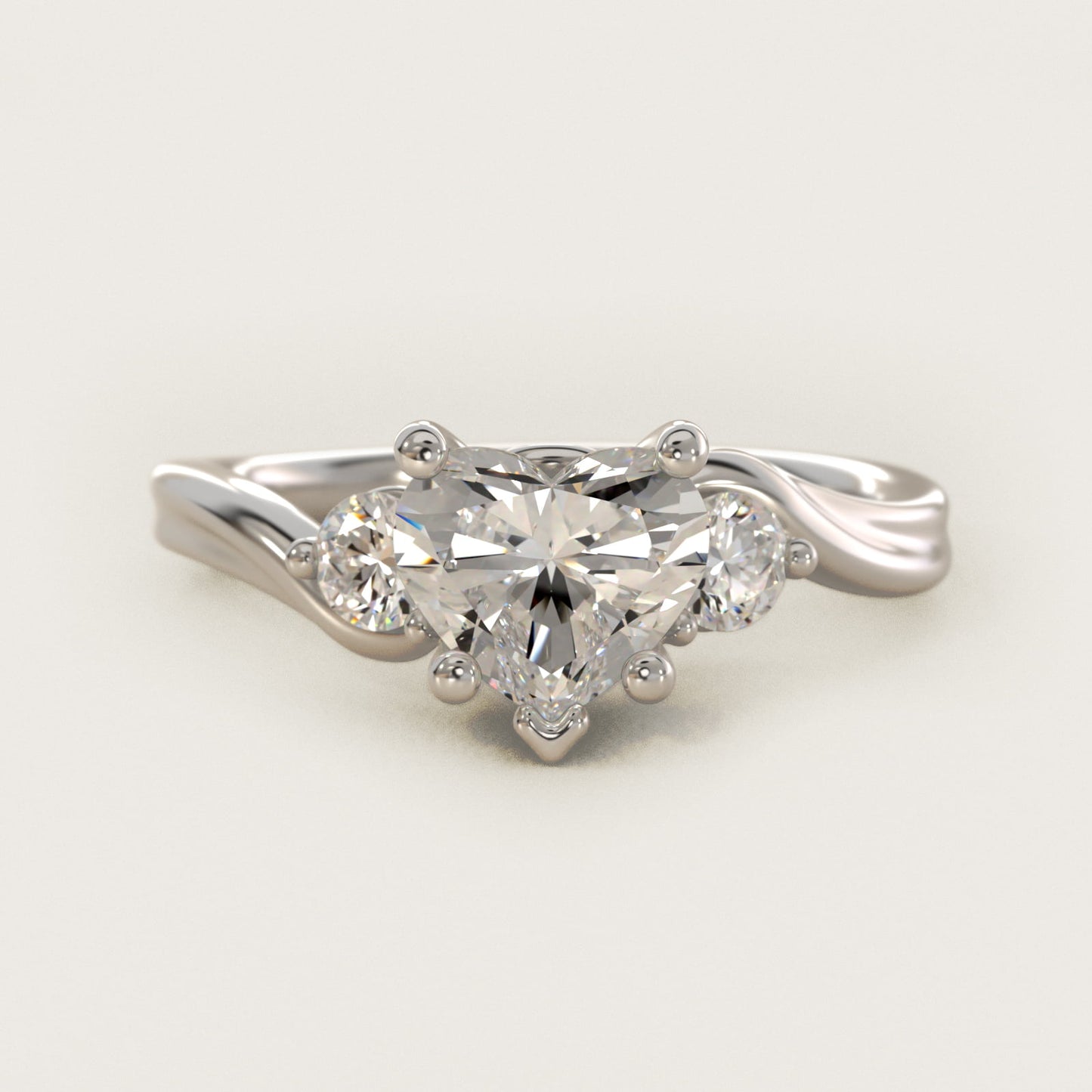 Wrapped Shank Three Stone Diamond Engagement Ring in Platinum - Heart Center