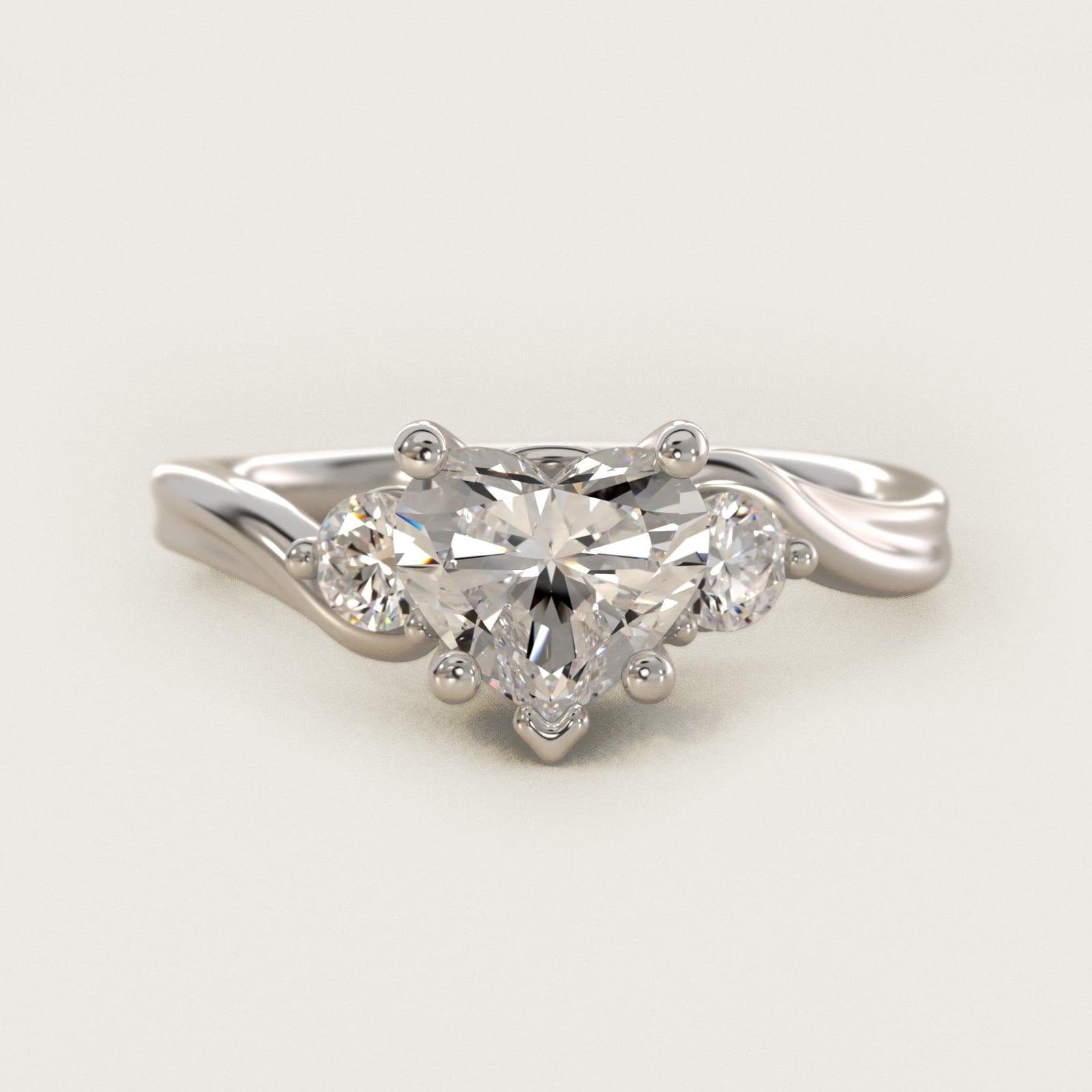 Wrapped Shank Three Stone Diamond Engagement Ring in Platinum - Heart Center