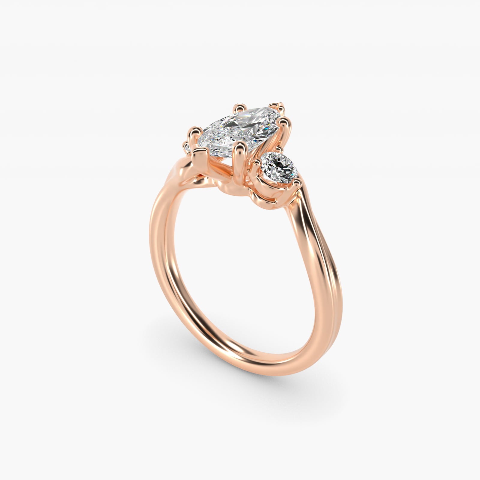 Wrapped Shank Three Stone Diamond Engagement Ring in 18k Rose Gold - Marquise Center
