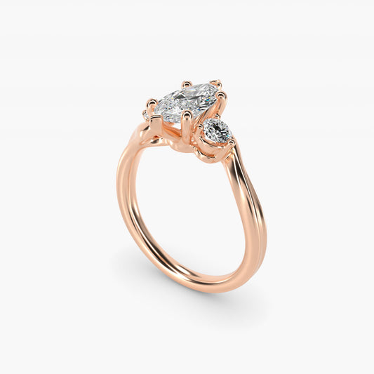 Wrapped Shank Three Stone Diamond Engagement Ring in 18k Rose Gold - Marquise Center