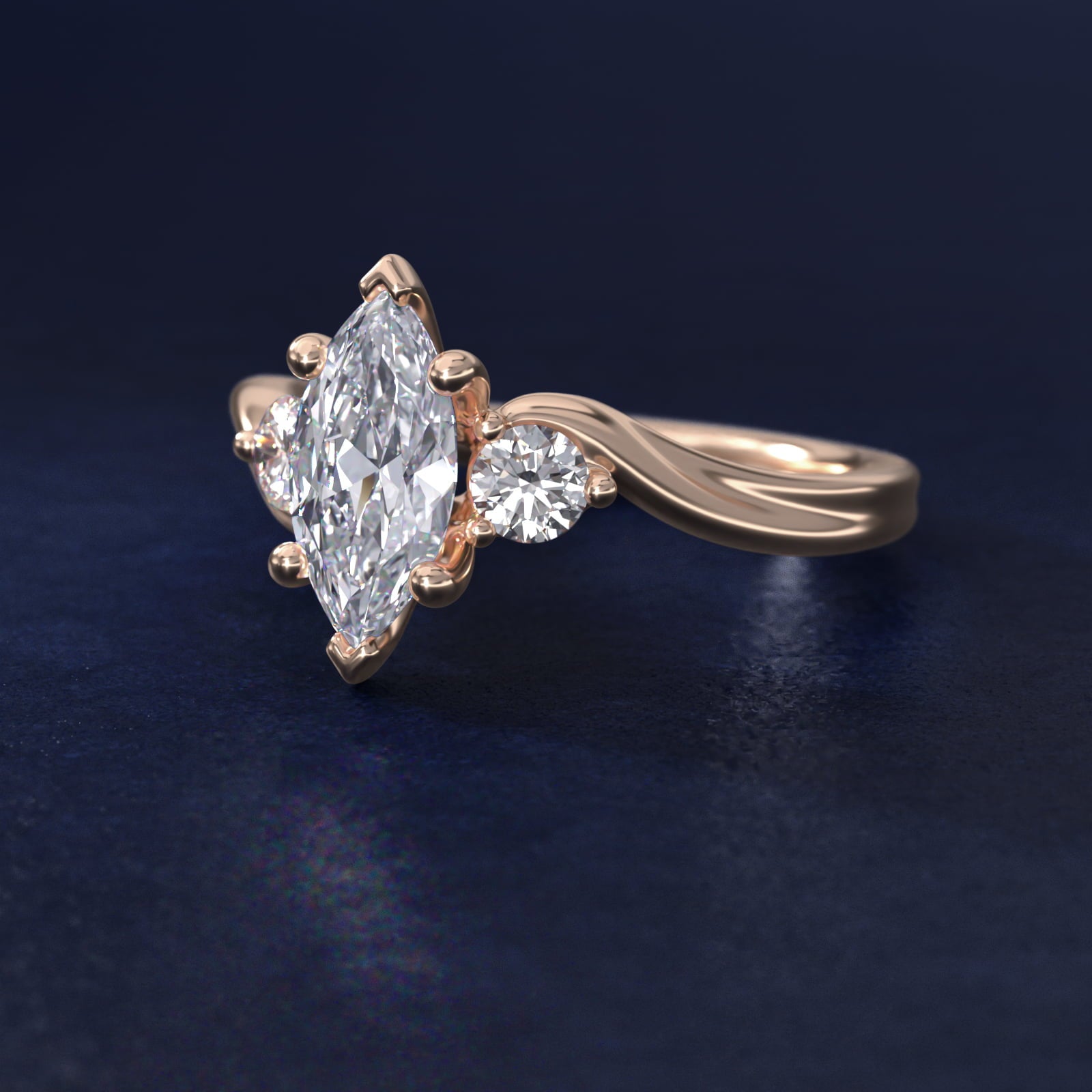 Wrapped Shank Three Stone Diamond Engagement Ring in 18k Rose Gold - Marquise Center