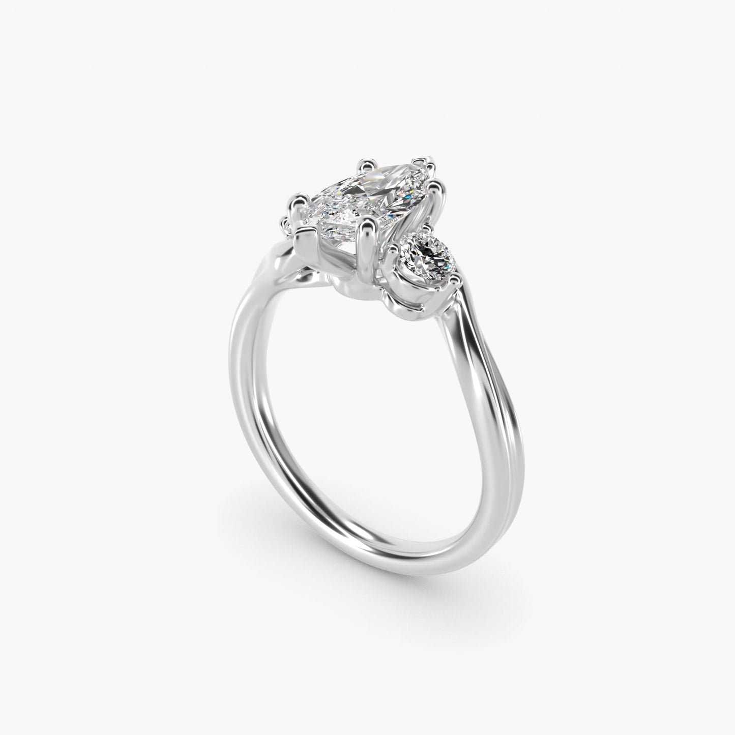 Wrapped Shank Three Stone Diamond Engagement Ring in 14k White Gold - Marquise Center