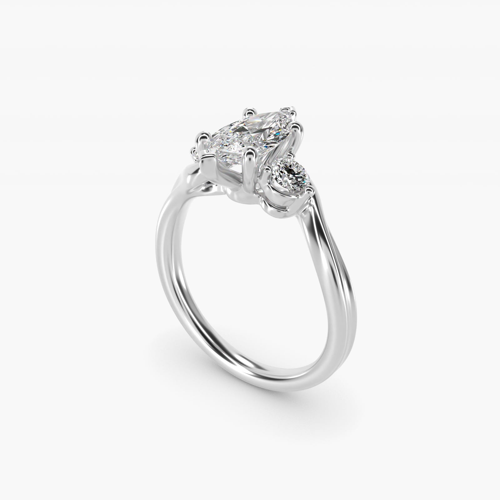 Wrapped Shank Three Stone Diamond Engagement Ring in 18k White Gold - Marquise Center