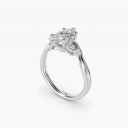 Wrapped Shank Three Stone Diamond Engagement Ring in 18k White Gold - Marquise Center
