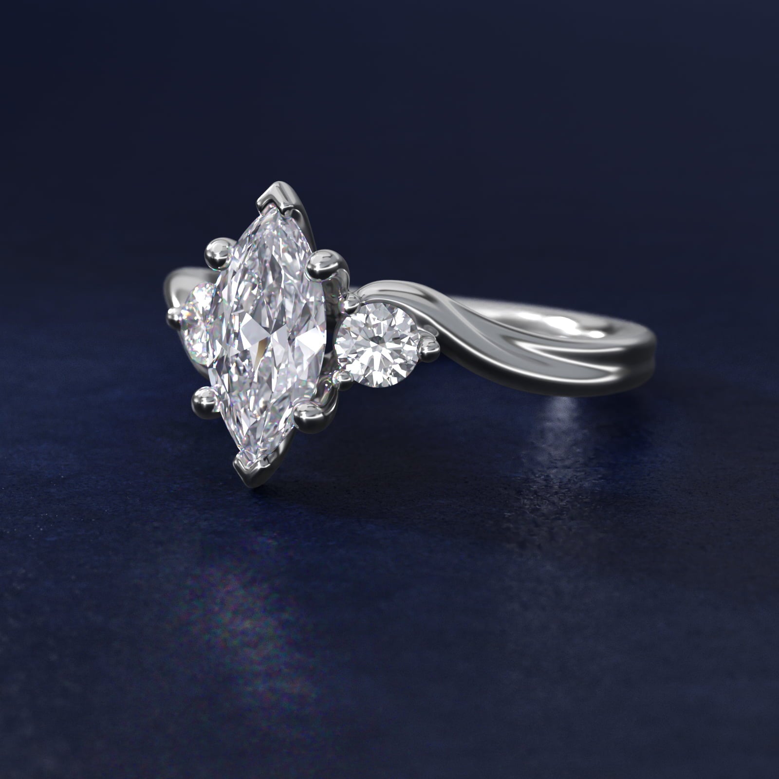 Wrapped Shank Three Stone Diamond Engagement Ring in 18k White Gold - Marquise Center