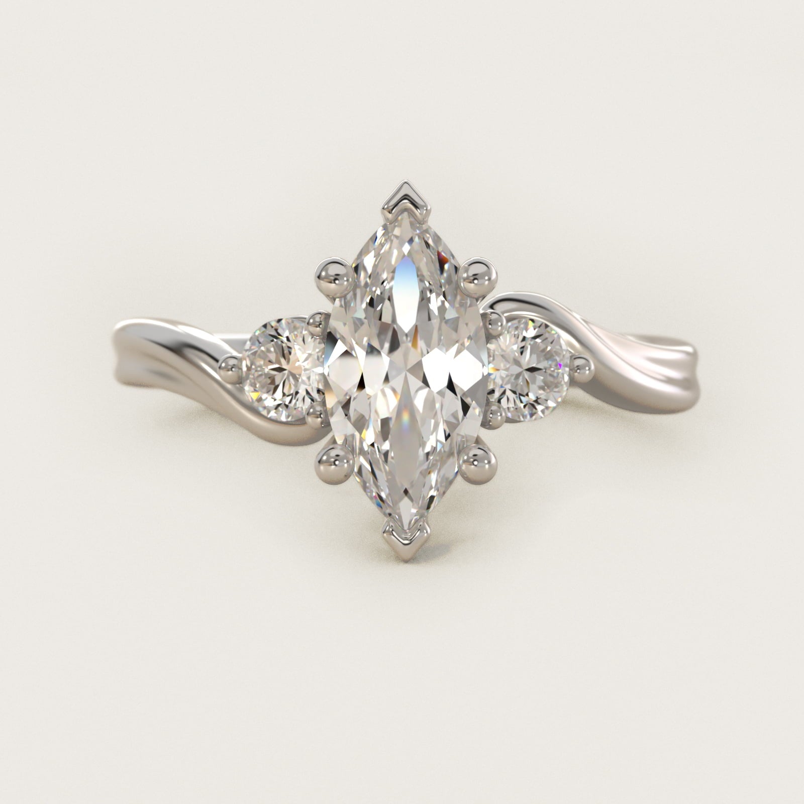 Wrapped Shank Three Stone Diamond Engagement Ring in 14k White Gold - Marquise Center