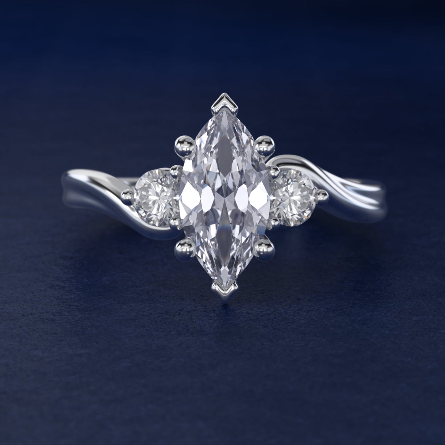 Wrapped Shank Three Stone Diamond Engagement Ring in Platinum - Marquise Center