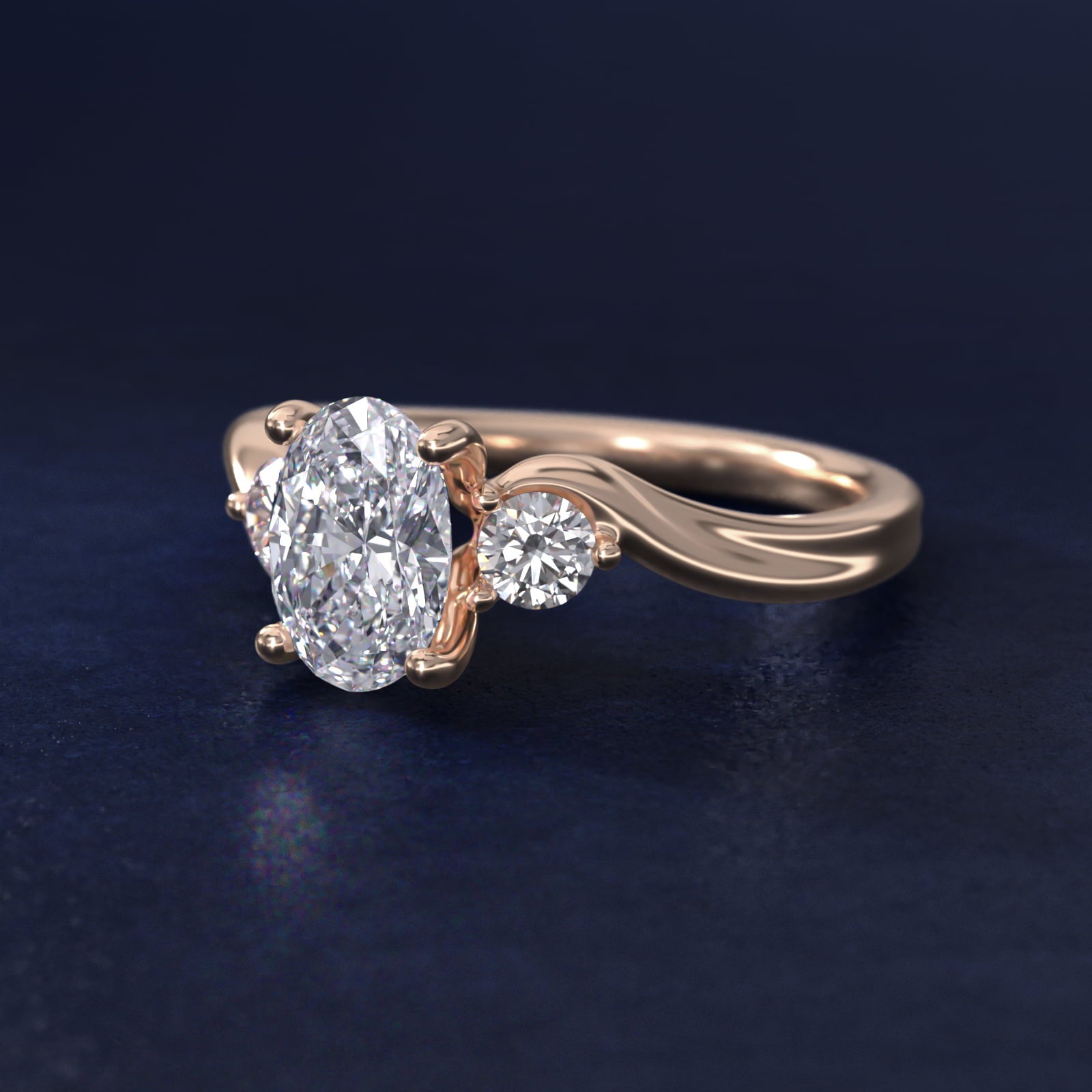 Wrapped Shank Three Stone Diamond Engagement Ring in 14k Rose Gold - Oval Center