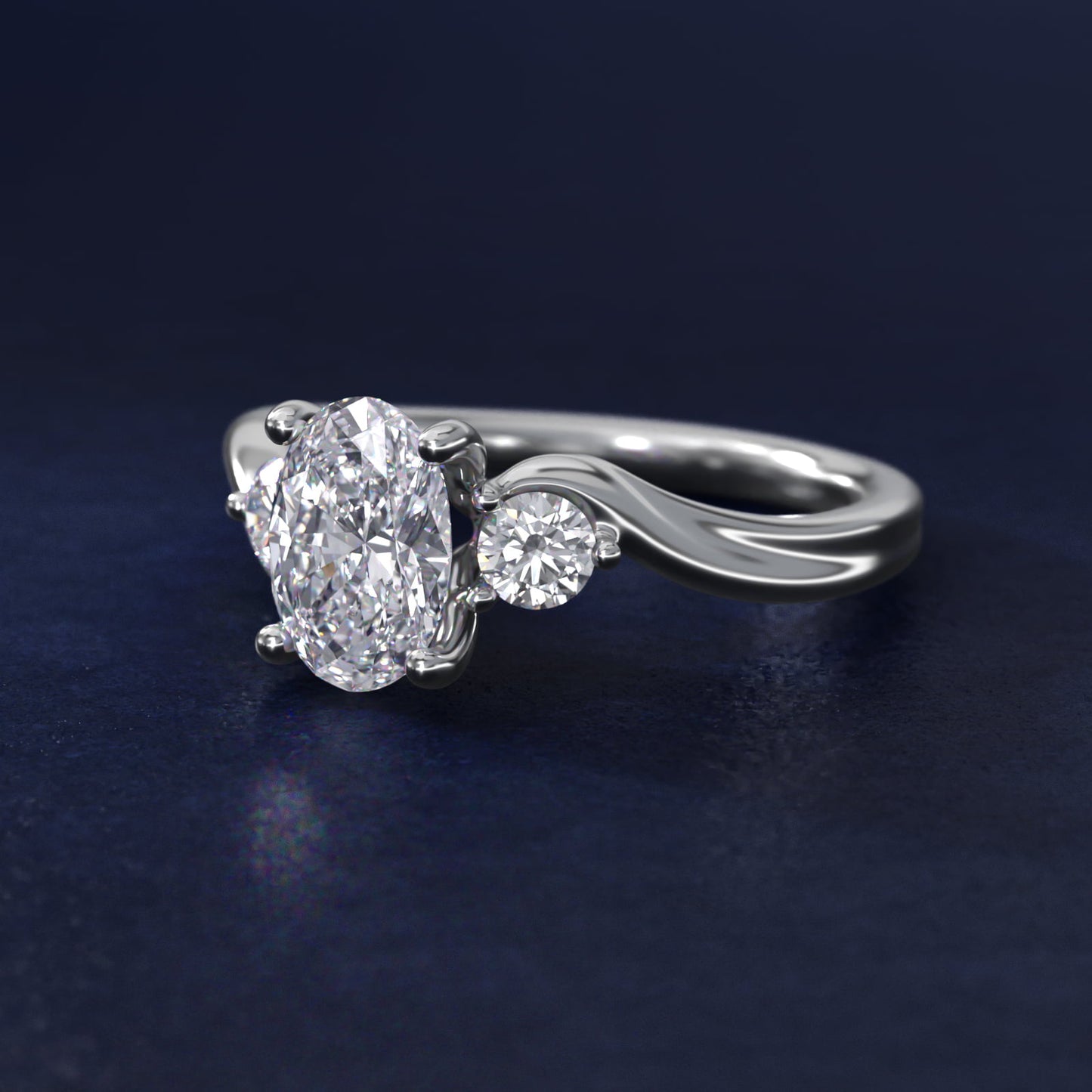 Wrapped Shank Three Stone Diamond Engagement Ring in 14k White Gold - Oval Center