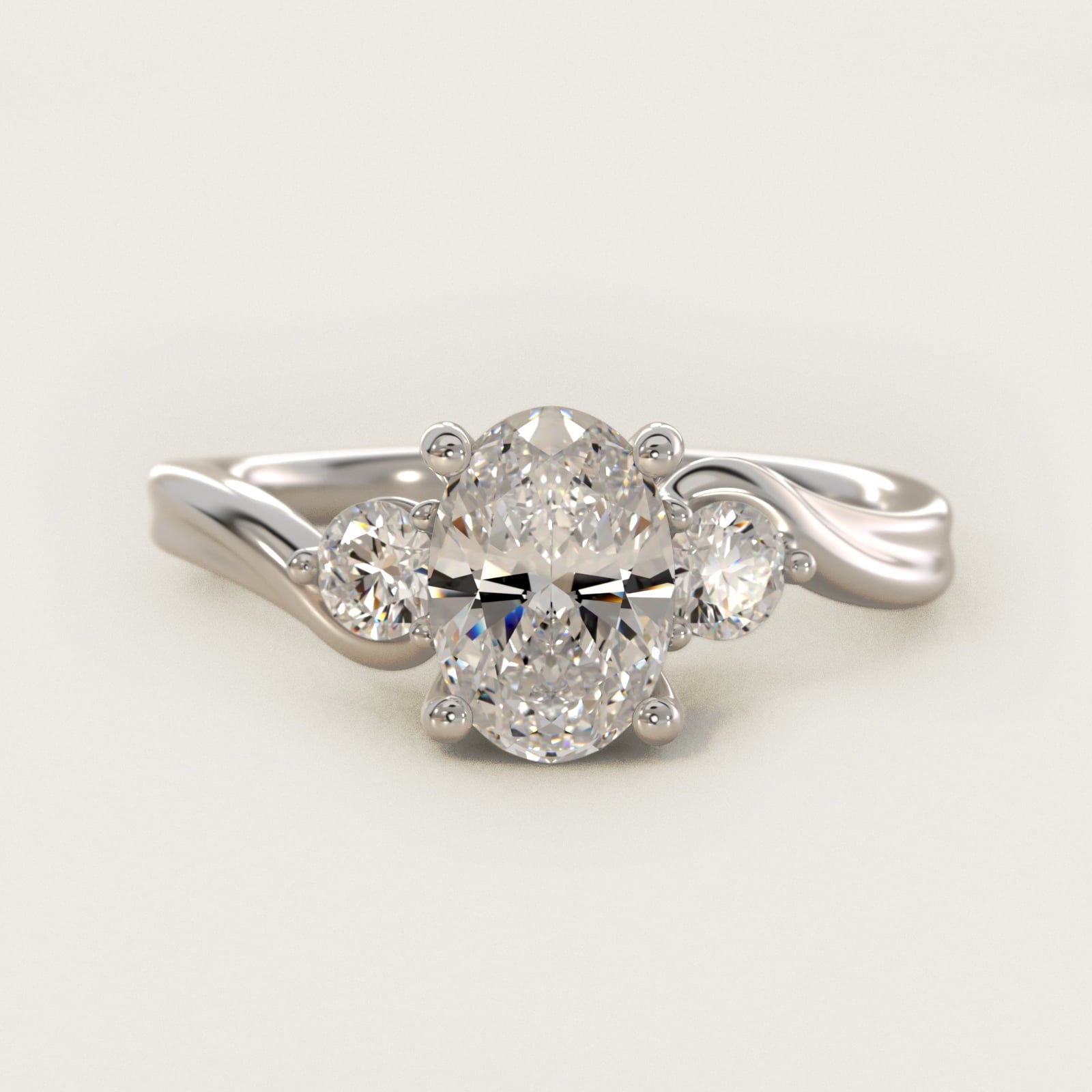 Wrapped Shank Three Stone Diamond Engagement Ring in 18k White Gold - Oval Center