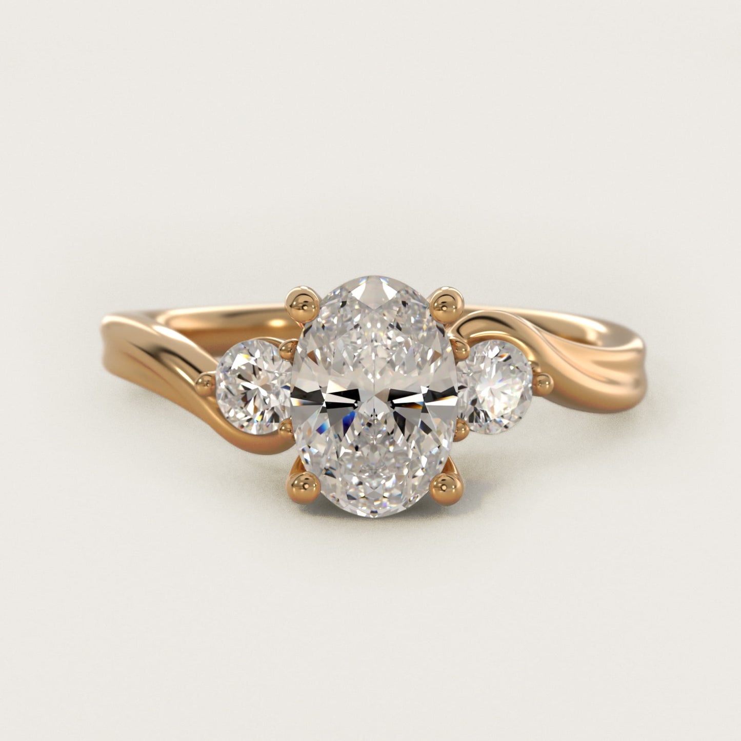 Wrapped Shank Three Stone Diamond Engagement Ring in 14k Yellow Gold - Oval Center
