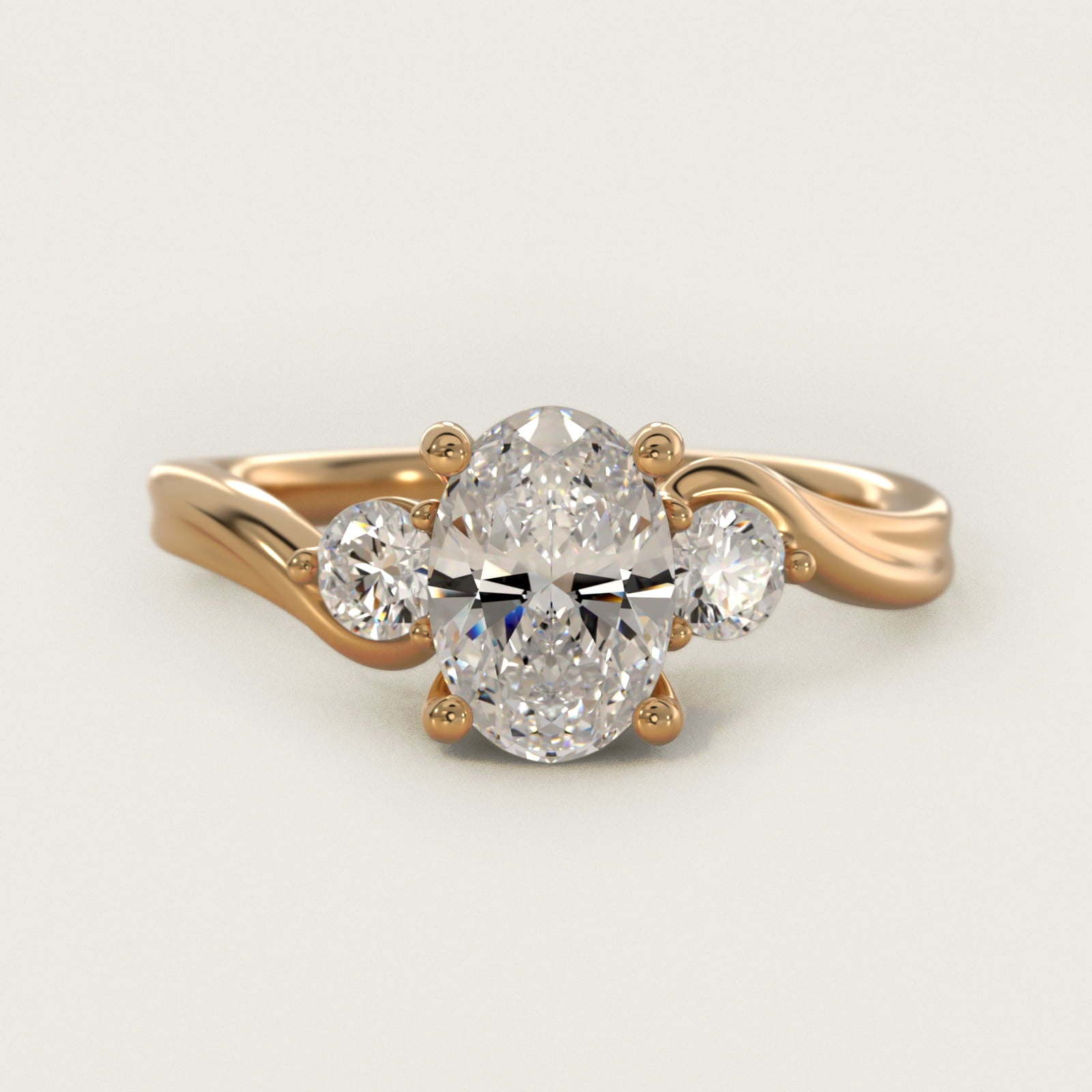 Wrapped Shank Three Stone Diamond Engagement Ring in 14k Yellow Gold - Oval Center