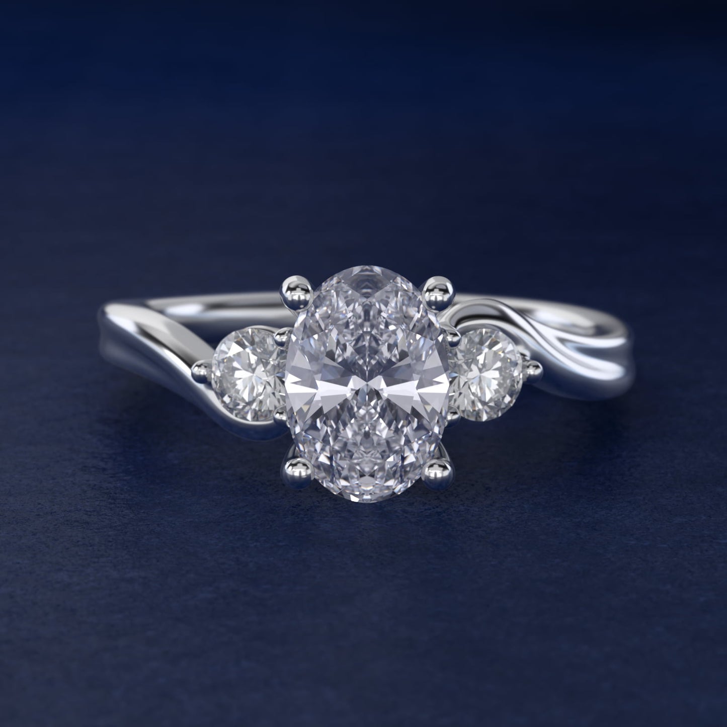 Wrapped Shank Three Stone Diamond Engagement Ring in Platinum - Oval Center