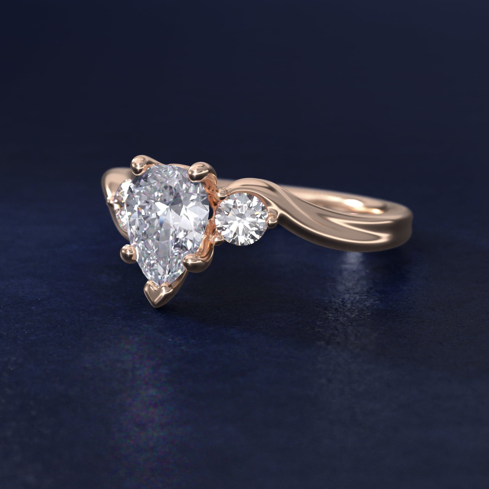 Wrapped Shank Three Stone Diamond Engagement Ring in 18k Rose Gold - Pear Center