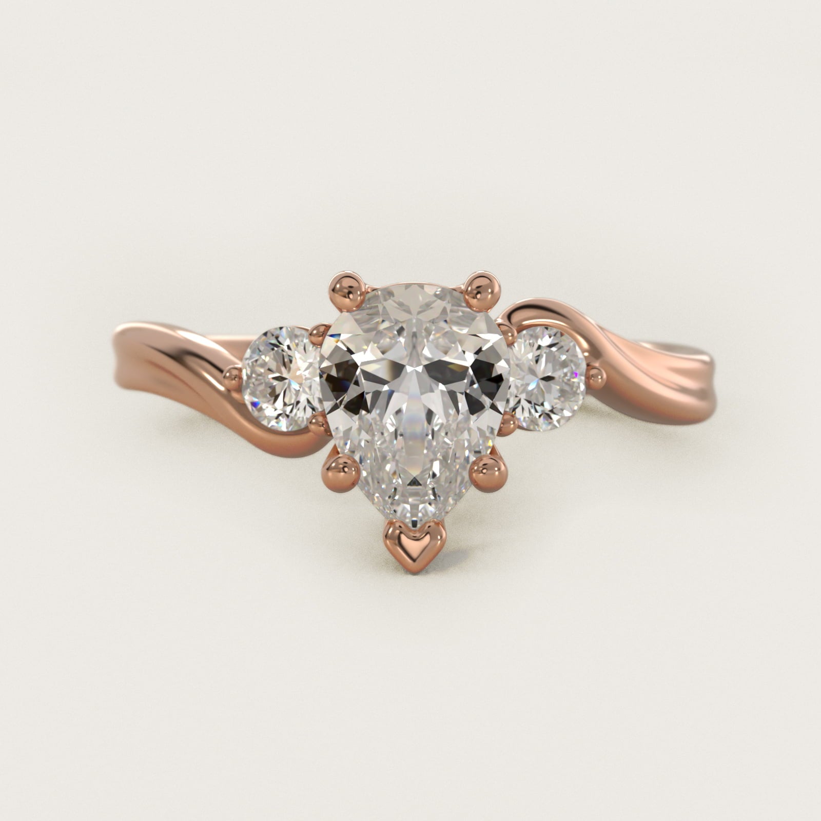 Wrapped Shank Three Stone Diamond Engagement Ring in 14k Rose Gold - Pear Center