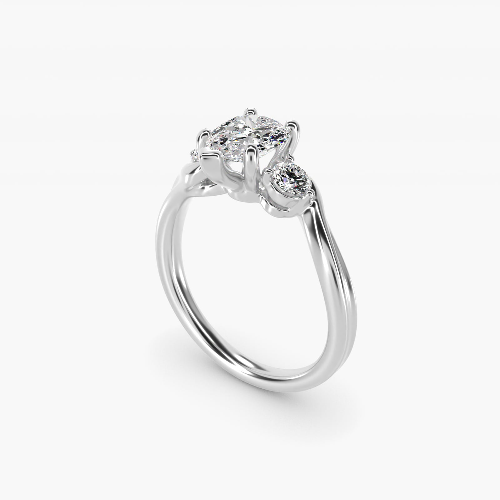 Wrapped Shank Three Stone Diamond Engagement Ring in 14k White Gold - Pear Center
