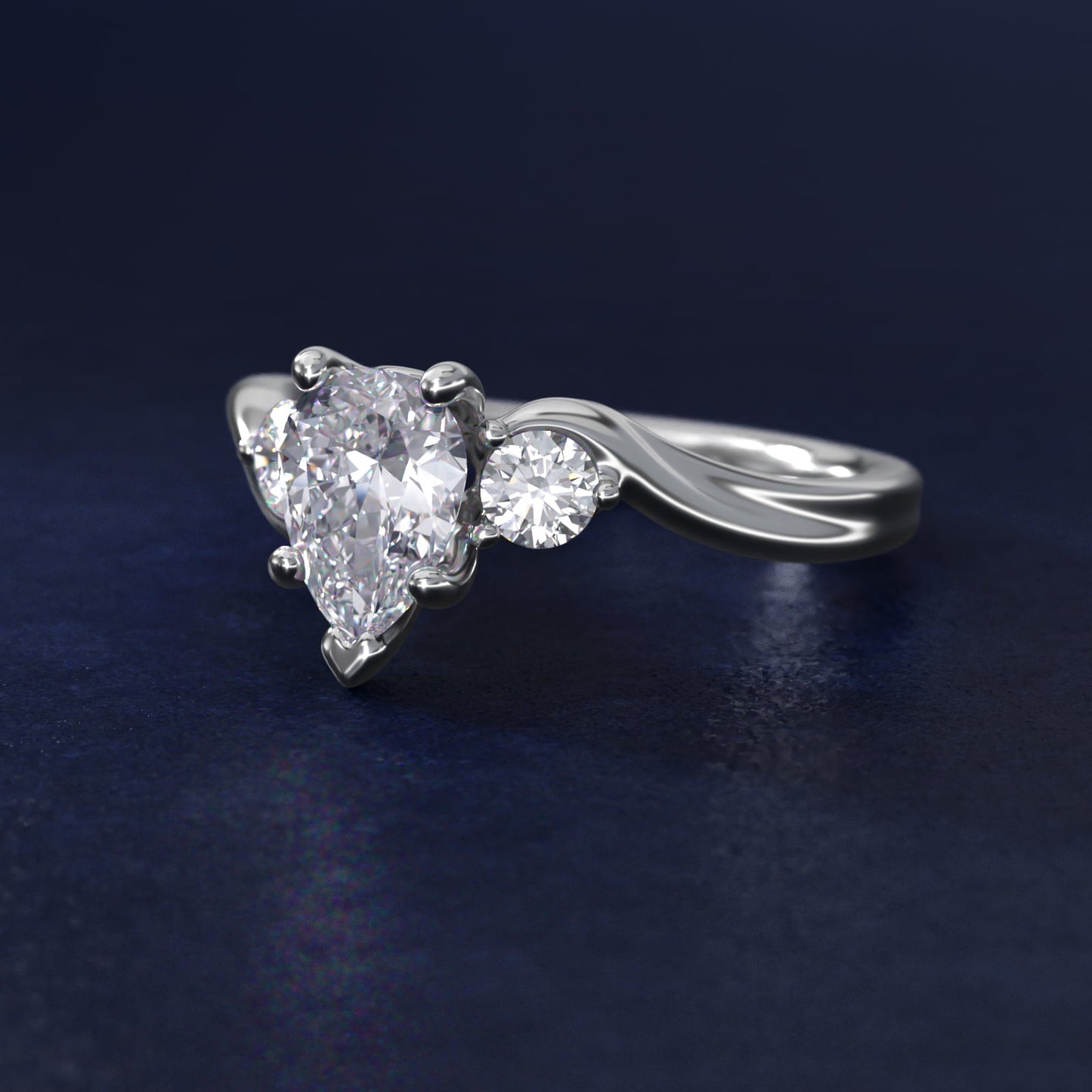 Wrapped Shank Three Stone Diamond Engagement Ring in 14k White Gold - Pear Center