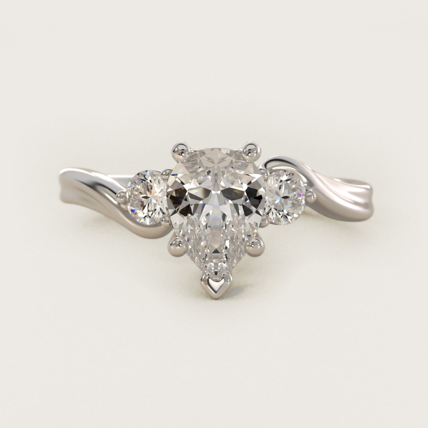 Wrapped Shank Three Stone Diamond Engagement Ring in 14k White Gold - Pear Center
