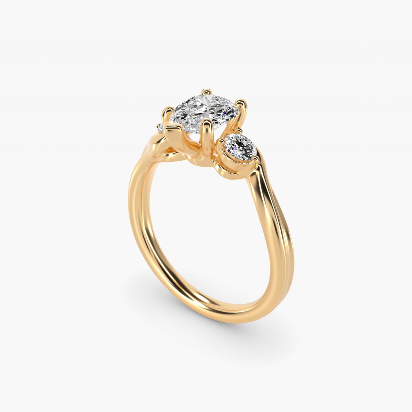 Wrapped Shank Three Stone Diamond Engagement Ring in 14k Yellow Gold - Pear Center
