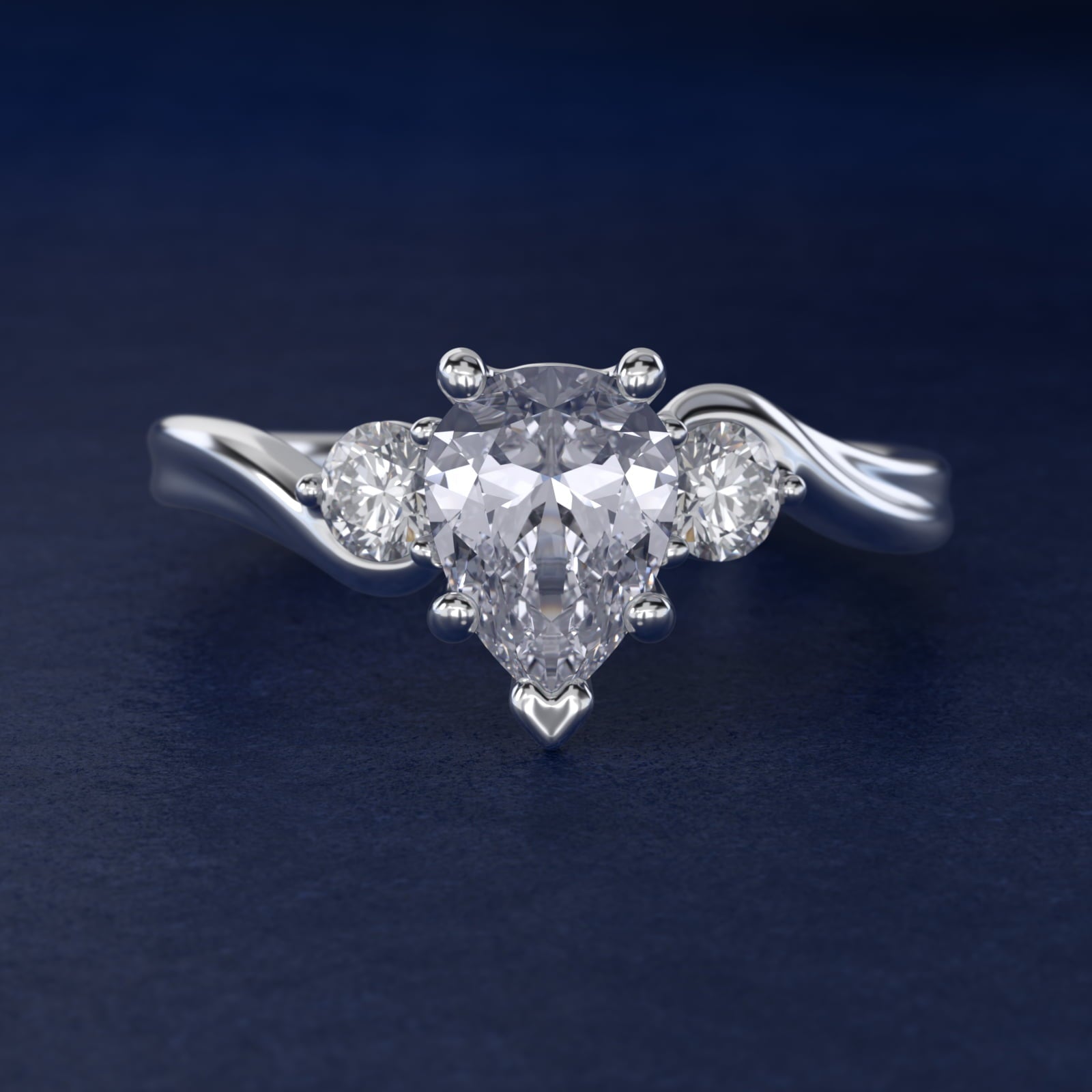 Wrapped Shank Three Stone Diamond Engagement Ring in Platinum - Pear Center
