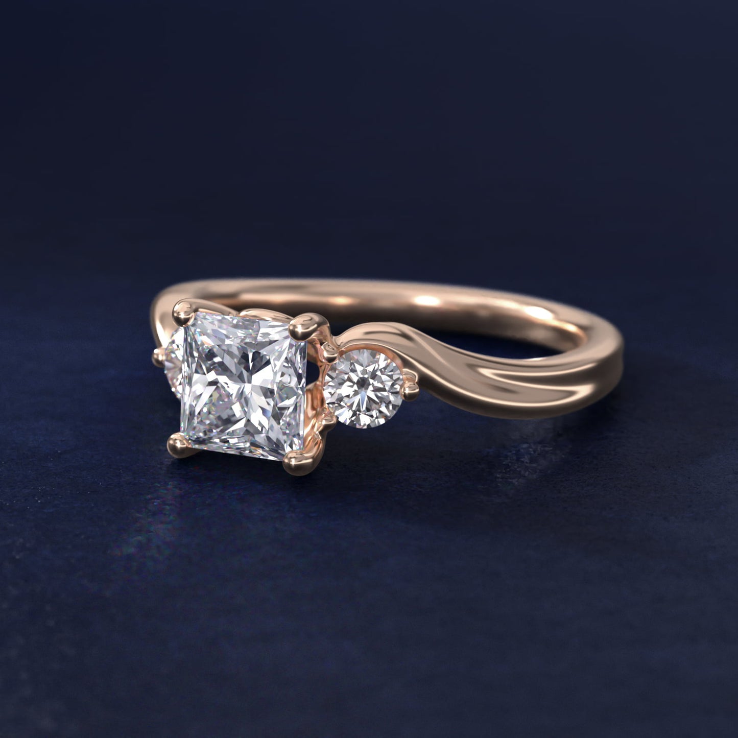 Wrapped Shank Three Stone Diamond Engagement Ring in 18k Rose Gold - Princess Center