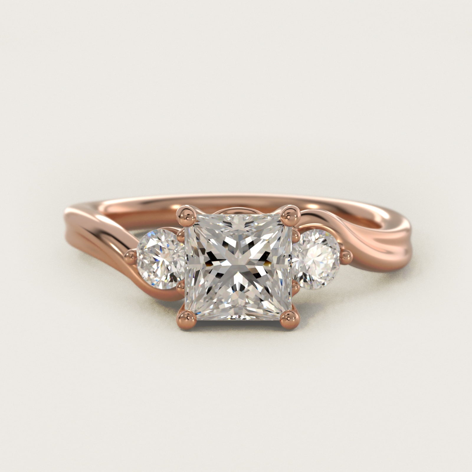 Wrapped Shank Three Stone Diamond Engagement Ring in 18k Rose Gold - Princess Center