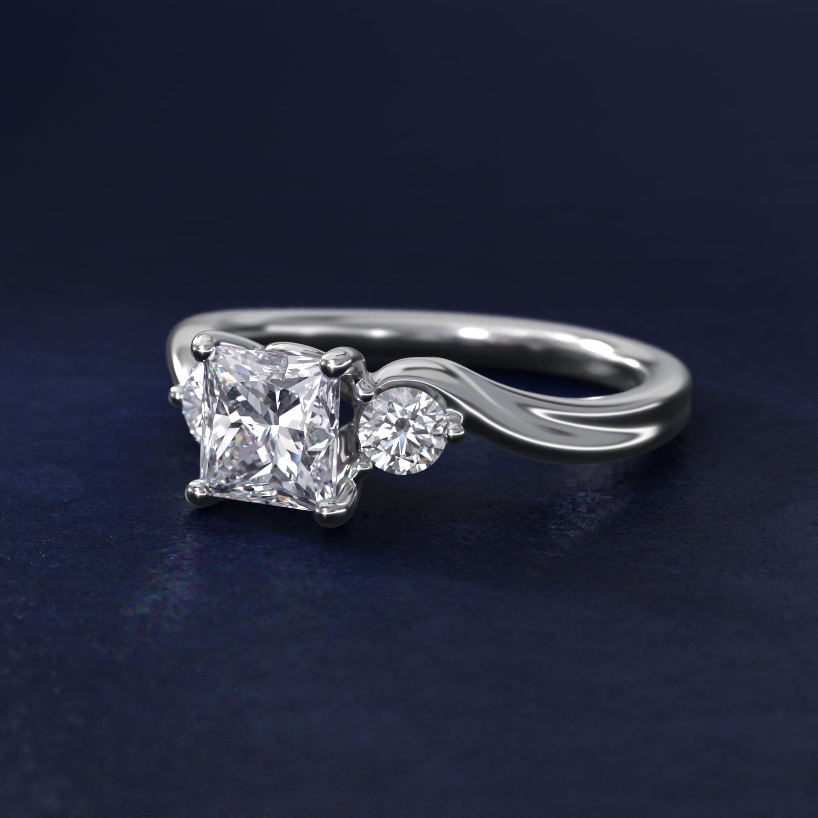 Wrapped Shank Three Stone Diamond Engagement Ring in 18k White Gold - Princess Center