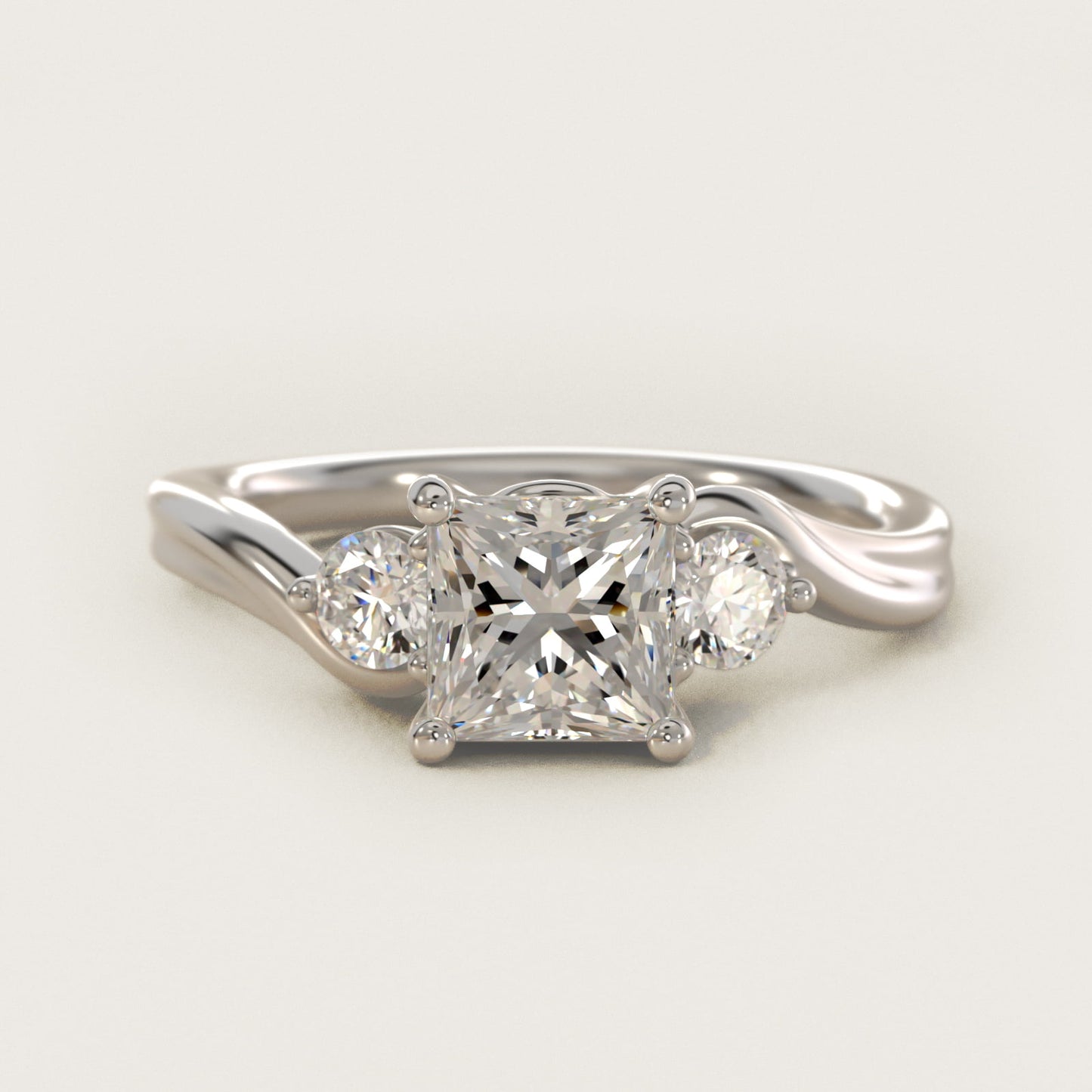 Wrapped Shank Three Stone Diamond Engagement Ring in 18k White Gold - Princess Center