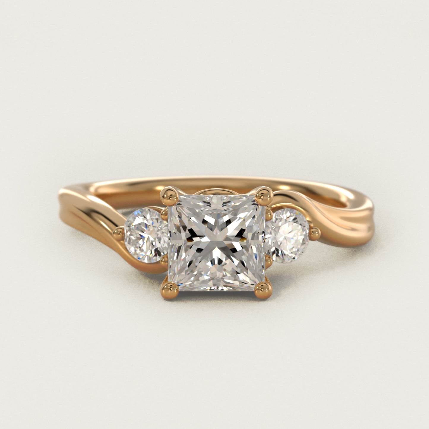 Wrapped Shank Three Stone Diamond Engagement Ring in 18k Yellow Gold - Princess Center