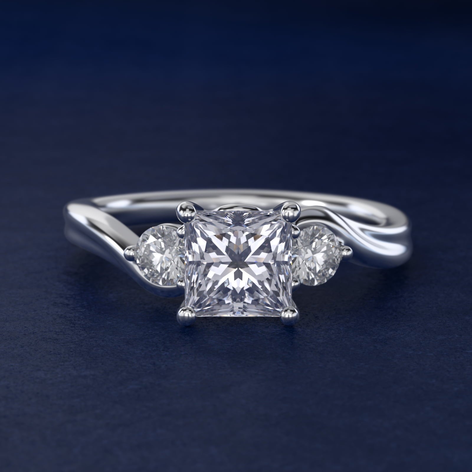 Wrapped Shank Three Stone Diamond Engagement Ring in Platinum - Princess Center