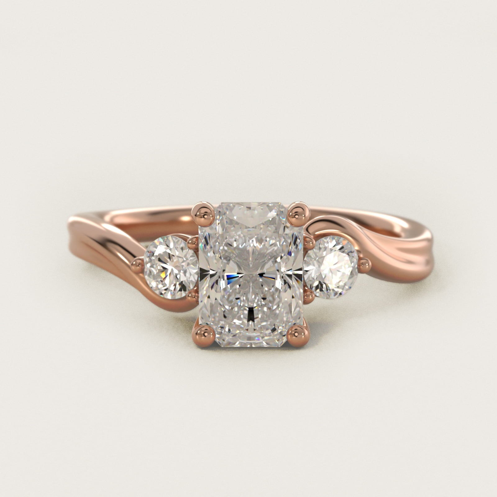 Wrapped Shank Three Stone Diamond Engagement Ring in 14k Rose Gold - Radiant Center