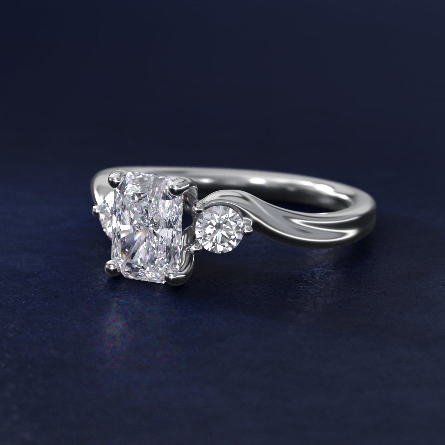 Wrapped Shank Three Stone Diamond Engagement Ring in 14k White Gold - Radiant Center
